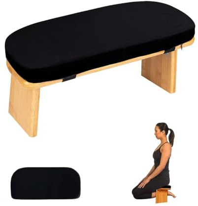 Meditation Bench with Cushion Foldable Ergonomic Bamboo Kneeling Stool Seiza Bench Wooden Meditation Stool Chair Zen Lotus Yoga Stool Floor Sitting Prayer Bench Removable Pillow (Black-1)