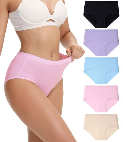 wirarpa Underwear Women Mid High Waist Knickers Comfortable Ladies Cotton Pants Full Briefs 5 Pack Black Light Purple Light Blue Pink Beige Size Medium