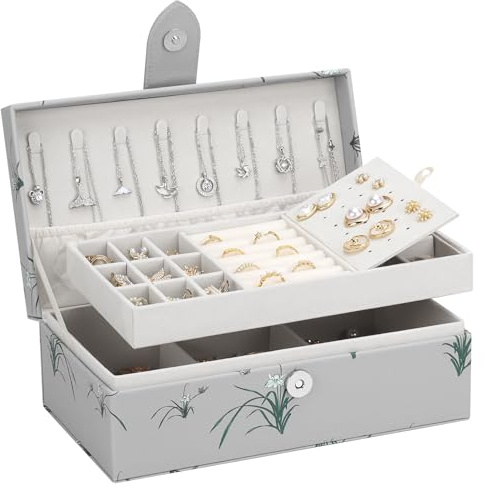 DesignSter Portagioie a 2 strati, organizer per gioielli da donna, scatola portagioie personalizzata in PU per orecchini, bracciali, anelli, collane, portagioie con motivo, orchidea