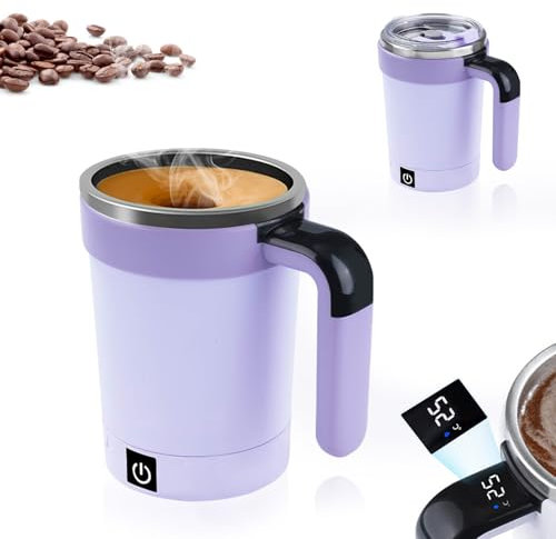 Vaso mezclador eléctrico automático, 380 ml, taza con indicador de temperatura LED, portátil y con tapa, acero inoxidable apto para alimentos, adecuado para café, batido, proteína en polvo (morado)
