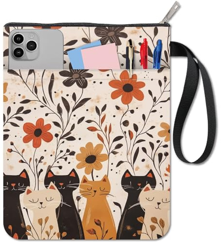 CRASPIRE Funda Libro Diseño Gato Diseño Floral Lavable Impermeable Estampado Flores Animales Cuaderno Tapa Blanda Cremallera Bolsillo Adicional Libros Texto Compañeros Clase Lectores Accesorios