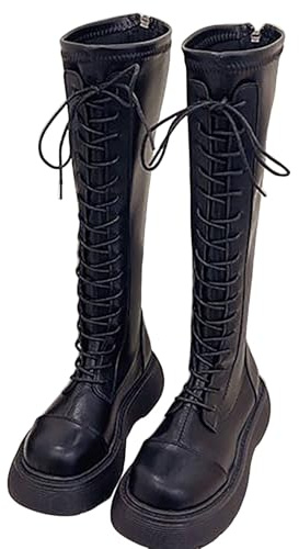 Botas de plataforma para mujer, color negro, gótico, punk, con cordones, botas largas de piel, punta redonda, botas altas hasta la rodilla con cordones, botas de equitación, antideslizantes, botas de