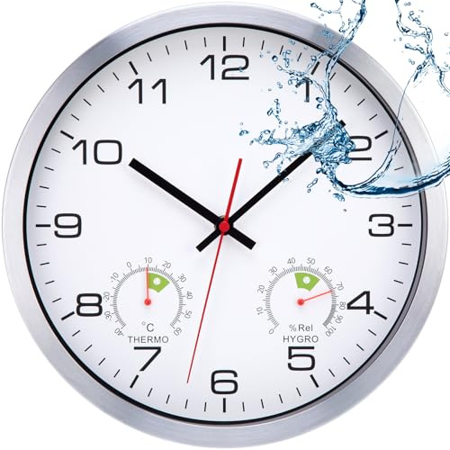 VIVILINEN Reloj de Pared para Exteriores Impermeable con Indicador de Temperatura y Humedad, Esfera Resistente a los Rayos UV, Clasificación IP65, Ideal para Terraza, Cocina y Cuarto de Baño