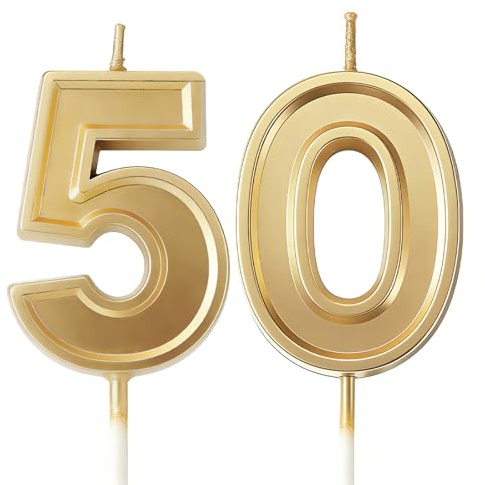 URAQT Candele numerate 50, 2 candele per torta di compleanno, candele con numero di compleanno glitterato dorato, adatte per bambini e adulti, possono decorare feste di compleanno, feste di laurea