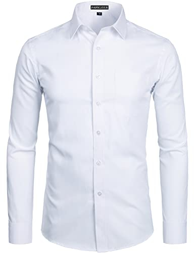PARKLEES Men's Long Sleeve Dress Shirt Solid Slim Fit Casual Business Formal Button Up Shirts with Pocket White L