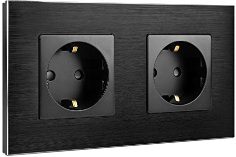 Navaris Aluminium Schuko Steckdose zweifach - mit Montagematerial - Design Schutzkontakt Einbau Wandsteckdose mit Rahmen aus Aluminium - in Schwarz