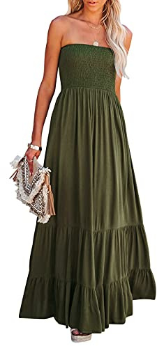 R.Vivimos Estate Donna Senza Spalline Bandeau Shirred Boho Maxi Vestito Abito Lungo da Spiaggia(M,ArmyGreen#2)