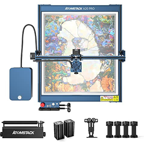 ATOMSTACK A20 Pro Laser Engraving Machine 130W, 20W Optical Power Laser Engraver Cutter with Twin-Cylinder F30 Pro Air Assist kit, R3 Pro Laser Rotation Roller, Engraving Area 400x400mm