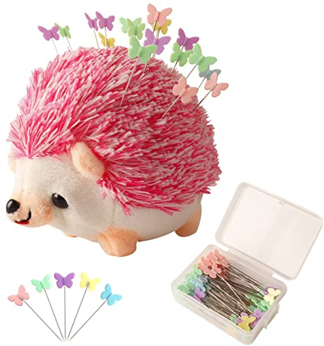 CICILIAYA Hedgehog Shape Pin Cushion, Cute Pincushions Sewing Kit Accessories Supplies Needle Cushions Holder with 100Pcs Colored Ball Heads Straight Fabric Pins for DIY Crafts (Pink)