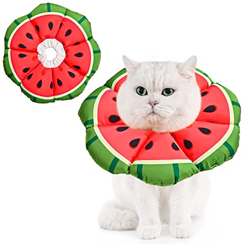 Avont halsband för katt, justerbart mjukt halsband som skyddar mot kattslick från små hundar Efter operationen skyddshalsband - M- Watermelon | M: hals 20–30 cm, vikt 3–5 kg, ultramjukt andningsbart tyg, maskintvättbart, rolig vattenmelon
