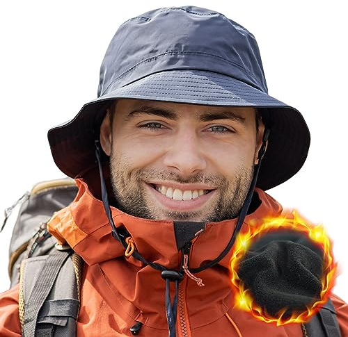 Comhats Gorro unisex impermeable de invierno, cálido forro polar sombreros tipo bucket con correa para la barbilla, sombreros de lluvia para hombres y mujeres, ajustable, plegable, resistente al