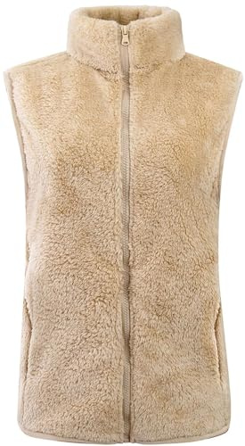 WIEAYUMEI Femme Manteaux sans Manche Veste Polaire Dames Douce Chaud Gilet polaire Duveteux pour Automne Hiver Kaki Clair XL