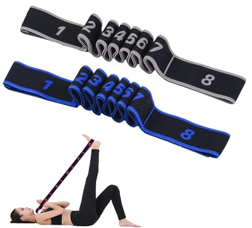 Flyicloud 2 Stück Yoga Stretching Band, Fitnessband mit 8 Schleifen, Yogagurt Dehnungsband, Yoga Stretch Gurt Resistance Bands für Fitness, Pilates, Tanztraining