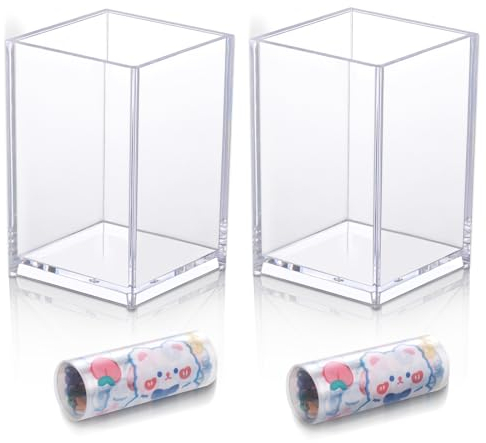 JIANTA 2 Stück Acryl Stiftehalter, Transparent Make-Up Pinselhalter, Bleistifthalter für Schreibtisch Organizer, Kosmetik Organizer, Bürstenhalter für Schreibtisch Zubehör(6,4x6,4x9,8cm)