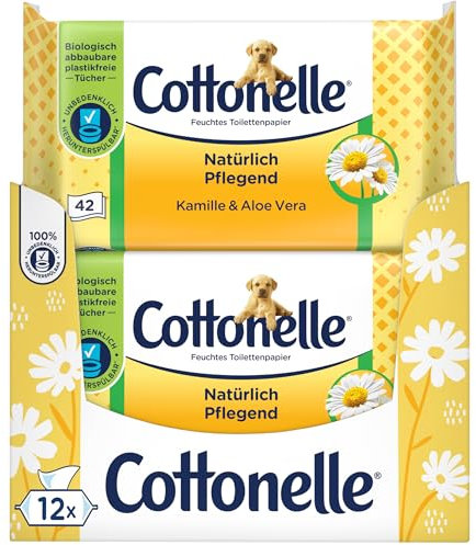 Cottonelle Feuchtes Toilettenpapier, Natürlich Pflegend - Kamille & Aloe Vera, Biologisch Abbaubar, Plastikfrei, Wiederverschließbar, Vorteilspack, 12 x 42 Feuchttücher
