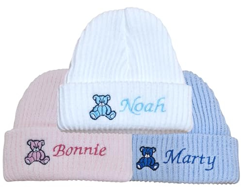 Teeny Buddens Baby Newborn hat Knitted Beanie Boys Girls Unisex Personalised Teddy Bear (Blue)