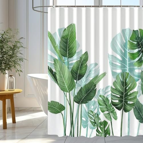 wiipara Duschvorhang 180x200 cm Strelitzia Grün, Bad Vorhang Shower Curtains Antischimmel & Wasserabweisend, Waschbarer Polyester Badevorhänge mit 12 Duschvorhangringe für Badezimmer, Badewanne