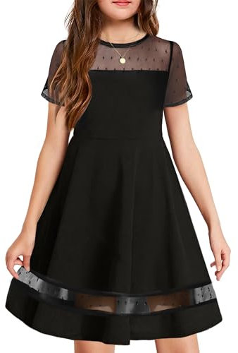 Arshiner Robes Filles d'été Festive Enfant A-Line Élégante Mesh Robe Casual Mode Robe de Fête Col Rond Manches Courtes Robe pour Fille 5-6 Ans Noir