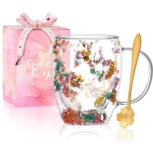 Gåvor för kvinnor torkade blommor dubbelvägg glas kaffemuggar söta glas tekoppar med handtag höst mugg jul födelsedagspresenter till bästa vänner lärare mamma gåvor nytt hem presentidéer heminredning