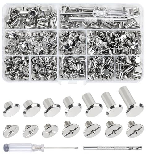 Annickee 175 Sets Vis Chicago, 7 Tailles Rivet a Visser M5*4/5/6/8/10/12/15 mm, Rivets pour Cuir Avec Outil de Perçage, Rivet Couture pour Bricolage Cuir, Livre, Album Photo, Kit de Reliure Chicago
