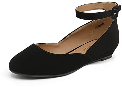 DREAM PAIRS Women's Ballet Flats Pumps Ballerina Ankle Strap Elastic Low Wedge Sandals Round Toe Comfy Dolly Shoes,Size 7,Black/Nubuck,REVONA