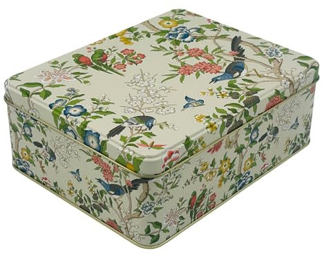 MediMuc Geschenkdose Design Design Sanderson- Liebevoll gestaltete rechteckige Vorratsdose - Motiv Flowers & Birds - Blechdose, Keksdose, Dose - Maße: (L x B x H): 19,5 x 15,4 x 7,5cm