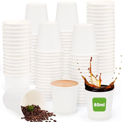 Kleemeiero 200 Uds Vasos Desechables para Café 80ml, Vasos de Cartón para Cafe, Vaso para Cafe Cappuccino Pequeño, Vaso de Papel Desechable para Servir Bebidas Frías o Calientes, Agua y Té - Blanco