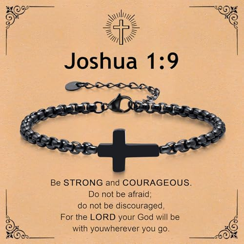 Cross Chain Bracelets for Men Women, Black Stainless Steel Cross Charms Men's Bracelet, Faith Religious Easter Catholic Christian God Jesus Communion Baptism Jewelry Gift with Card (Joshua 1:9)