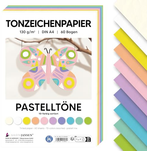 MarpaJansen Tonzeichenpapier Pastell DIN A4 zum Basteln & Gestalten | 60 Bogen in 10 Farben, 130 g/qm² stabiles Papier | Blauer Engel zertifiziert, ideal für Karten & DIY Projekte