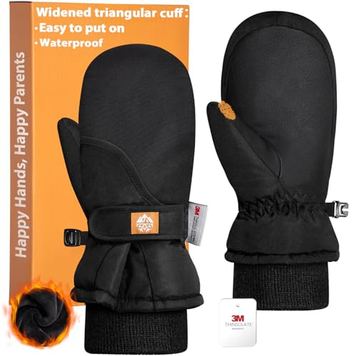 RIGWARL Kids Mittens with Long Easy-on Cuff, Waterproof Ski Snow Mittens for Kids Boys Girls Toddler with 3M Insulated, Anti-Slip Kid Winter Gloves for Skiing Sledding Snowball Fight Alaska Cruise