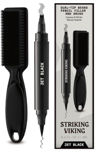 Striking Viking Beard Pen - Jet Black, 1 Pen 1 Brush - Temporary Beard Dye - Waterproof Sweatproof Long Wear Beard Pencil for Touchups & Gap Contouring - Enhances Facial Hair