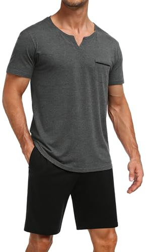 Pyjama Homme Été Court 2 Pièces Ensemble de Nuit Homme T-Shirt Manches Courtes et Short Vêtements de Détente Confortable Doux