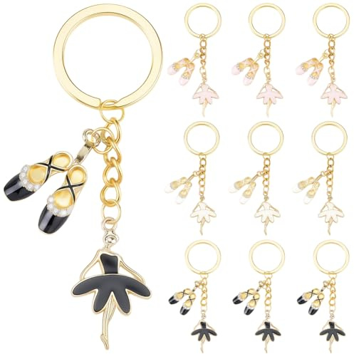 SUNNYCLUE 1 boîte de 12 pièces, 3 couleurs, porte-clés chaussures de danse, lot de porte-clés danse, lot de porte-clés en alliage émaillé blanc, rose et noir, ballerines, danseuses, pour femmes, cadea