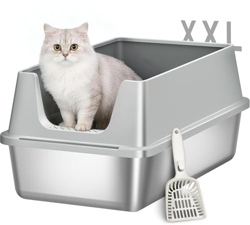 Fobyfurny Stainless Steel Cat Litter Tray, 60.5 x 40 x 29cm, XXL Light Grey