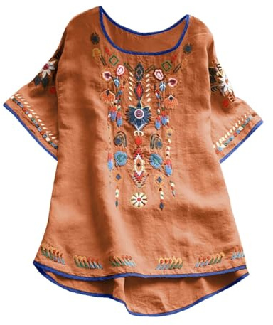 Generico Camicia da Donna Manica Corta Elegante Tunica Ricamo Tops Boho Hippie Blusa Stile Etnico Vintage Camicie Lino Cotone Curvy Casual Camicetta da Spiaggia Tinta Unita Classico