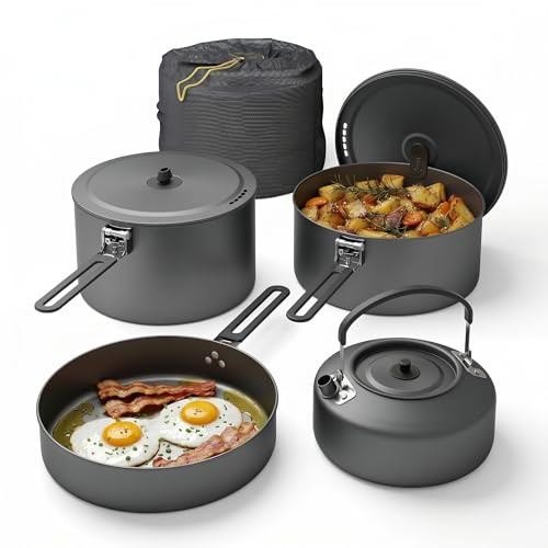 EVOCAMP Set pentole da campeggio 4 pezzi in alluminio, set cucina outdoor leggero e impilabile con manici pieghevoli e borsa da trasporto