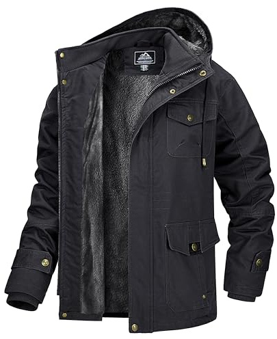 MAGCOMSEN - Giacca da uomo invernale in pile, bomber, cargo, stile militare casual, giacca a vento con cappuccio, Grigio, M