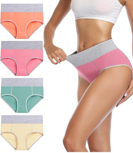 wirarpa Underwear Women High Waist Cotton Knickers Ladies Panties Full Coverage Briefs Underpants Plus Size Multicolour 4 Pack S