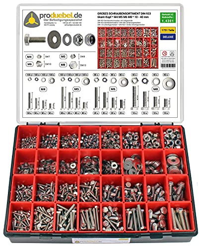 Großes Schrauben-Sortiment DIN 933 M4/M5/M6/M8 Edelstahl A2 V2A (DIN933+934+985+125+9021) 1751-tlg (Deluxe-Box)