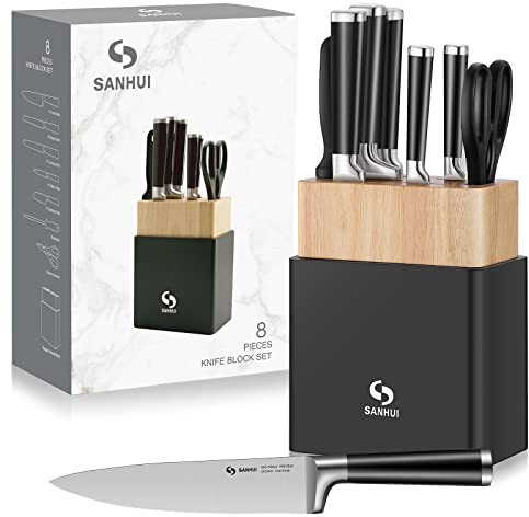 SANHUI 8-teiliges Küchenmesser-Set: mit Gummi-Holz-Messerblock Messerset, scharf und langlebig, bequem und einfach zu bedienen, die perfekte Küche Begleiter