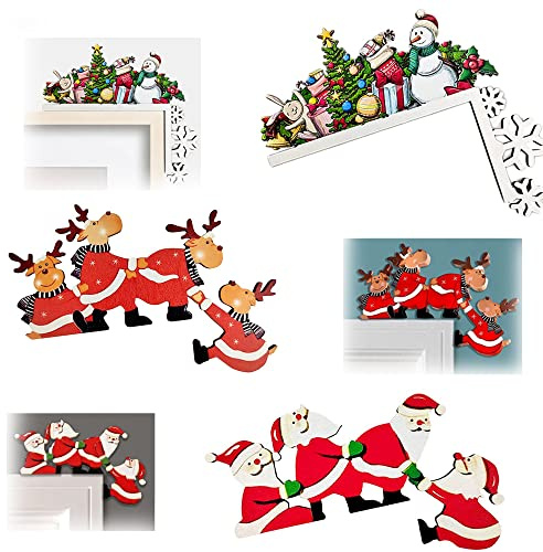 ZEXUPORIUM 3 Piezas Decoración Puerta Navidad, para Adornos de Marco de Puerta de Esquina de Madera (Papá Noel, los Renos, Muñeco de Nieve Adorno)