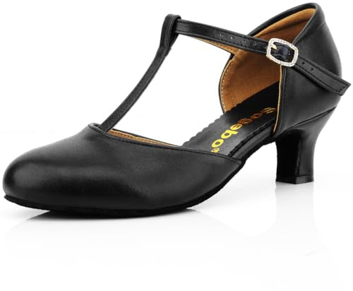T-Strap Character Shoe for Women Salsa Latin Dance Heels Dress Pumps, Black 6.5 M US
