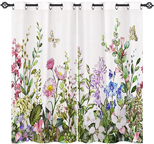 ANHOPE Floral Curtains Eyelet Soft Thermal Insulated Blackout Curtains Watercolor Botanical Flower Butterfly Print Pattern Ring Top Window Drapes for Bedroom Living Room 46 x 54 Inch Drop 2 Panels