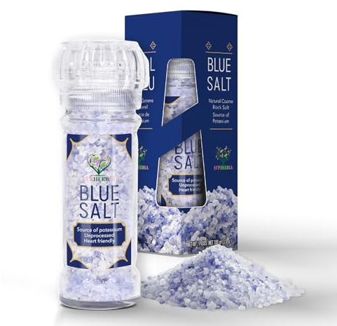 EUPHERBIA Blue Salt, Coarse, Rare Mineral Salt, High Potassium, Lower Sodium, Natural, Unprocessed, Hand Harvested, Kosher Certified (100g with Grinder)