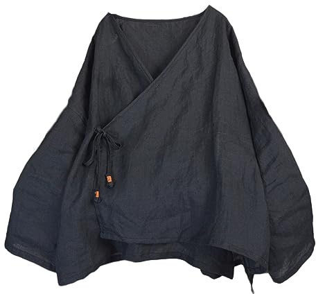NFYM Women's Hanten Kimono Cardigan Long Sleeve Wrap Front Cotton Linen Retro Hanfu Costume Irregular Shirt Tops, Black, One Size