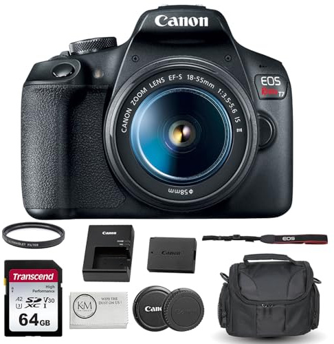 Canon EOS Rebel T7 DSLR Camera with 18-55mm Lens Bundled with 64GB Memory Card + Camera Bag + 58mm UV Filter + Microfiber Cleaning Cloth (5 Items)