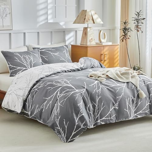 Tokokimo Juego de ropa de cama de microfibra de 200 x 200 cm con diseño de ramas con flores, 3 piezas. Funda nórdica y 2 fundas de almohada con cremallera, 80 x 80 cm, ramas grises