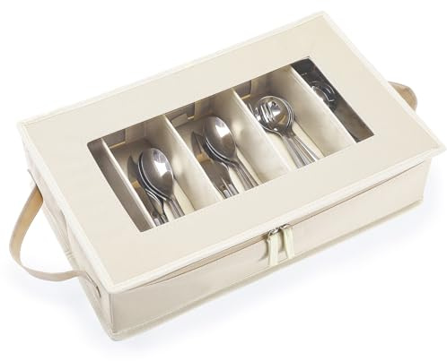 Flatware Utensil Storage Case, Beige Large Capacity Silverware Storage Box Chest with Adjustable Dividers, Removable Cutlery Storage Holder with Zipper Lid for Organizing Spoon/Flatware/Knives