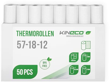 Kineco Ec-Cash Kassenrollen 57mm x 18m x 12mm - Thermorollen, Thermopapier, Bonrollen für Bankomat - Kredit-Kartenlesegeräte (57x38,5x12) mit SEPA Lastschrifttext (50 Rollen)