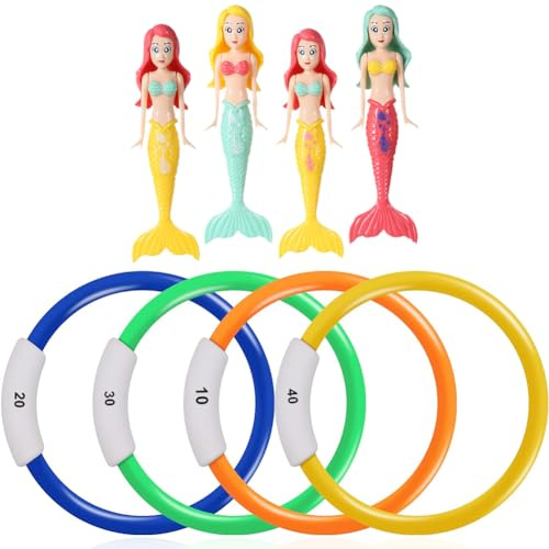 RFJYGWQM Dive Toy Set, 8 Pieces Diving Toys For Children, Children's Swimming Pool Training Fun With Mermaid Diving Toy And Dive Rings, Diving Rings For Summer Submersion Play And Dive Training